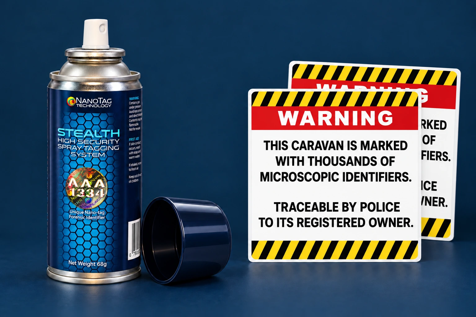 NanoTag Caravan Protection Kit: Stealth spray can and two caravan warning labels