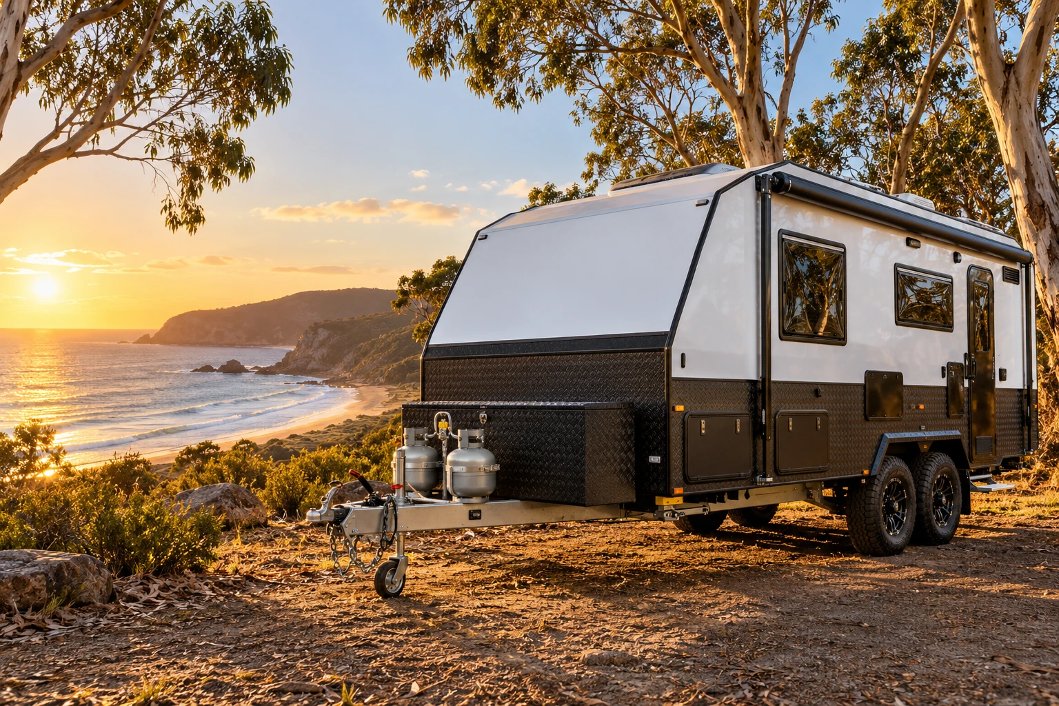 Touring caravan at a coastal Australian campsite at sunset