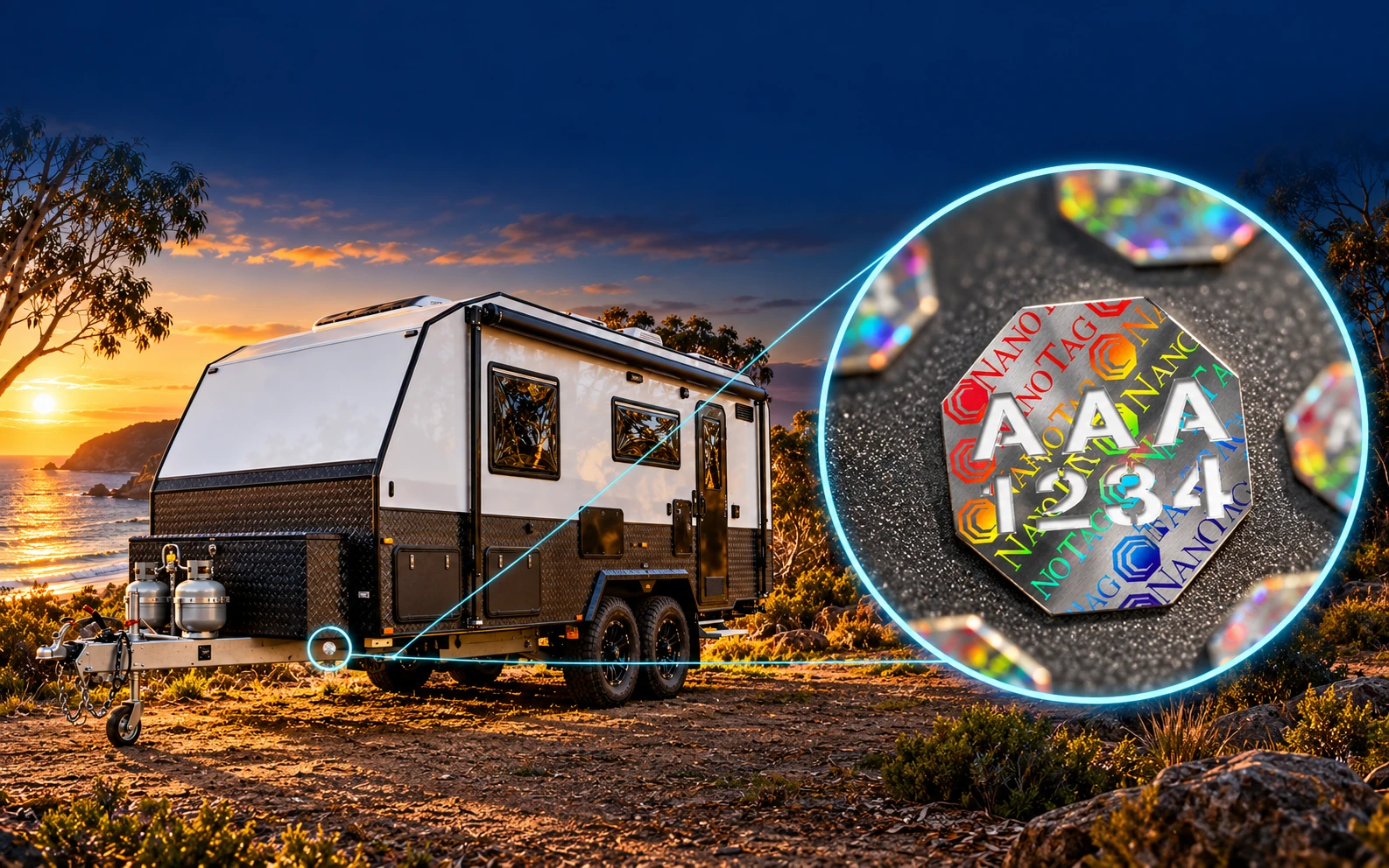 Illustration linking a marked caravan to a magnified NanoTag carrying an identification code
