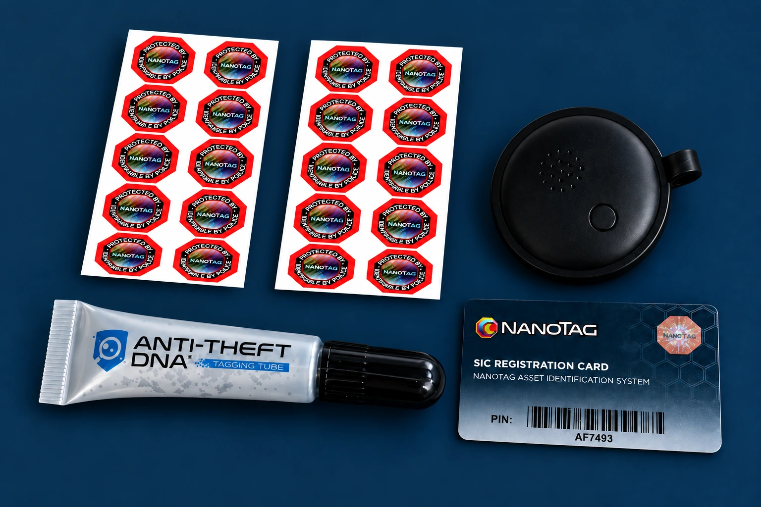 NanoTag Personal Asset Kit with marking tube, small warning labels, registration card and one electronic Smart Tag