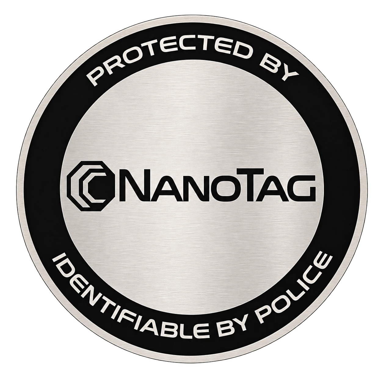 Silver NanoTag warning label reading Protected by NanoTag, identifiable by police